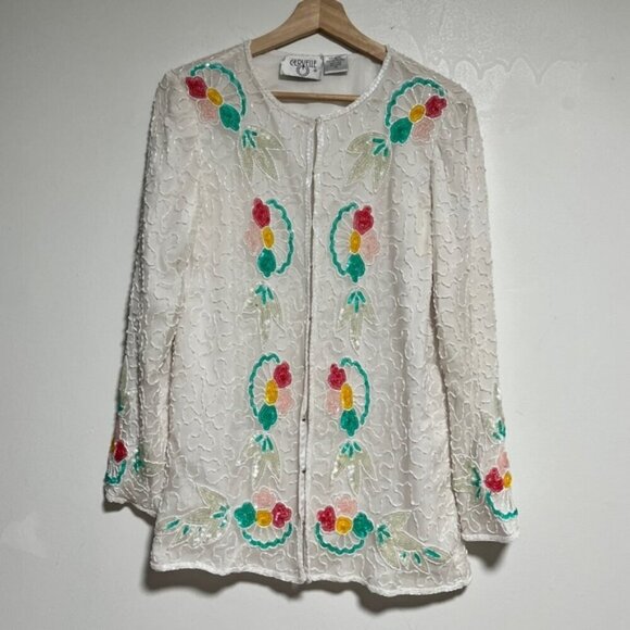 Vintage Cervelle White Beaded Floral Jacket – 100% Silk, Made in India, Small - Picture 1 of 13